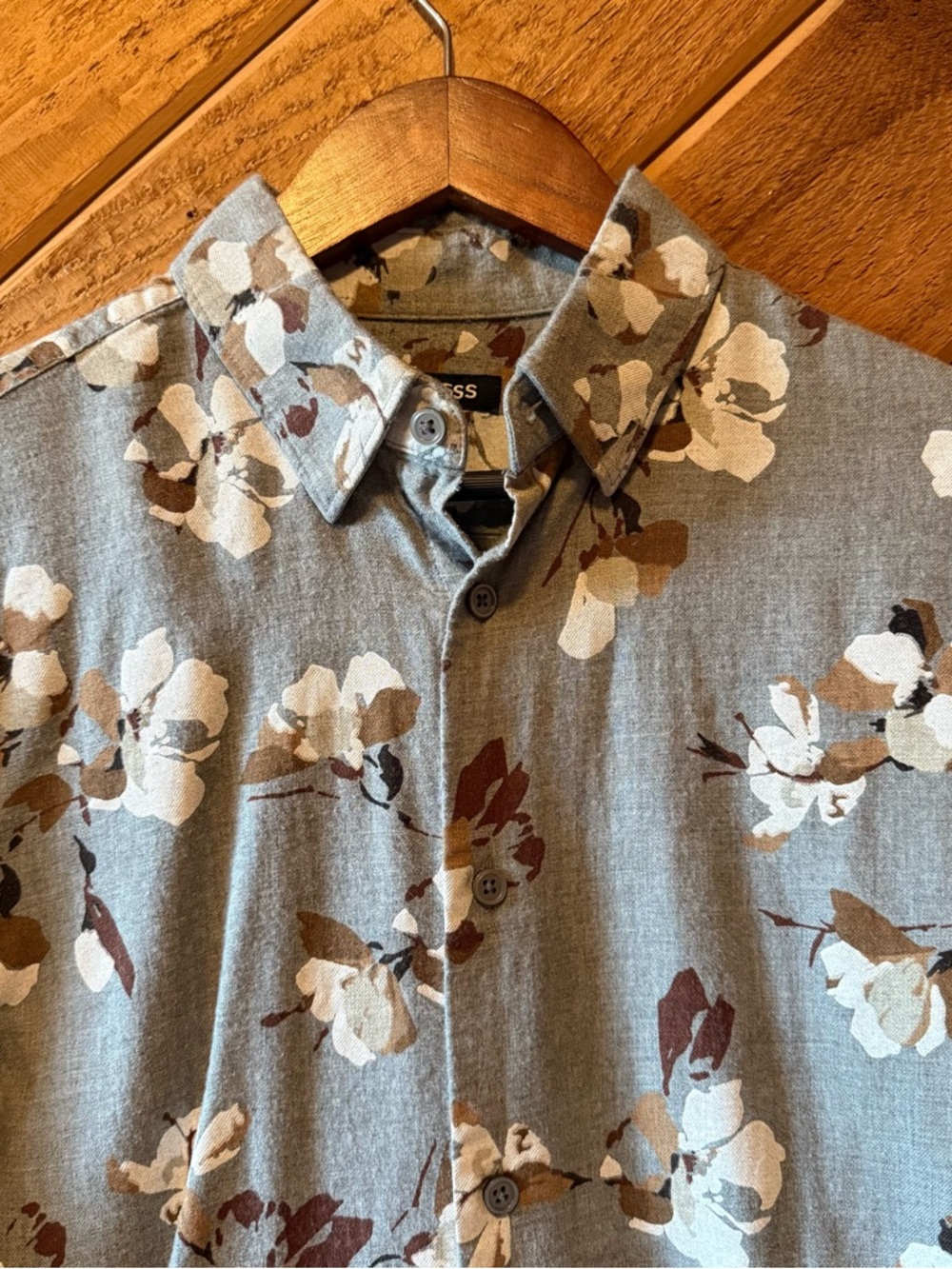 Express Men's Floral Button-Down Shirt - Gray with Brown & Cream Blooms